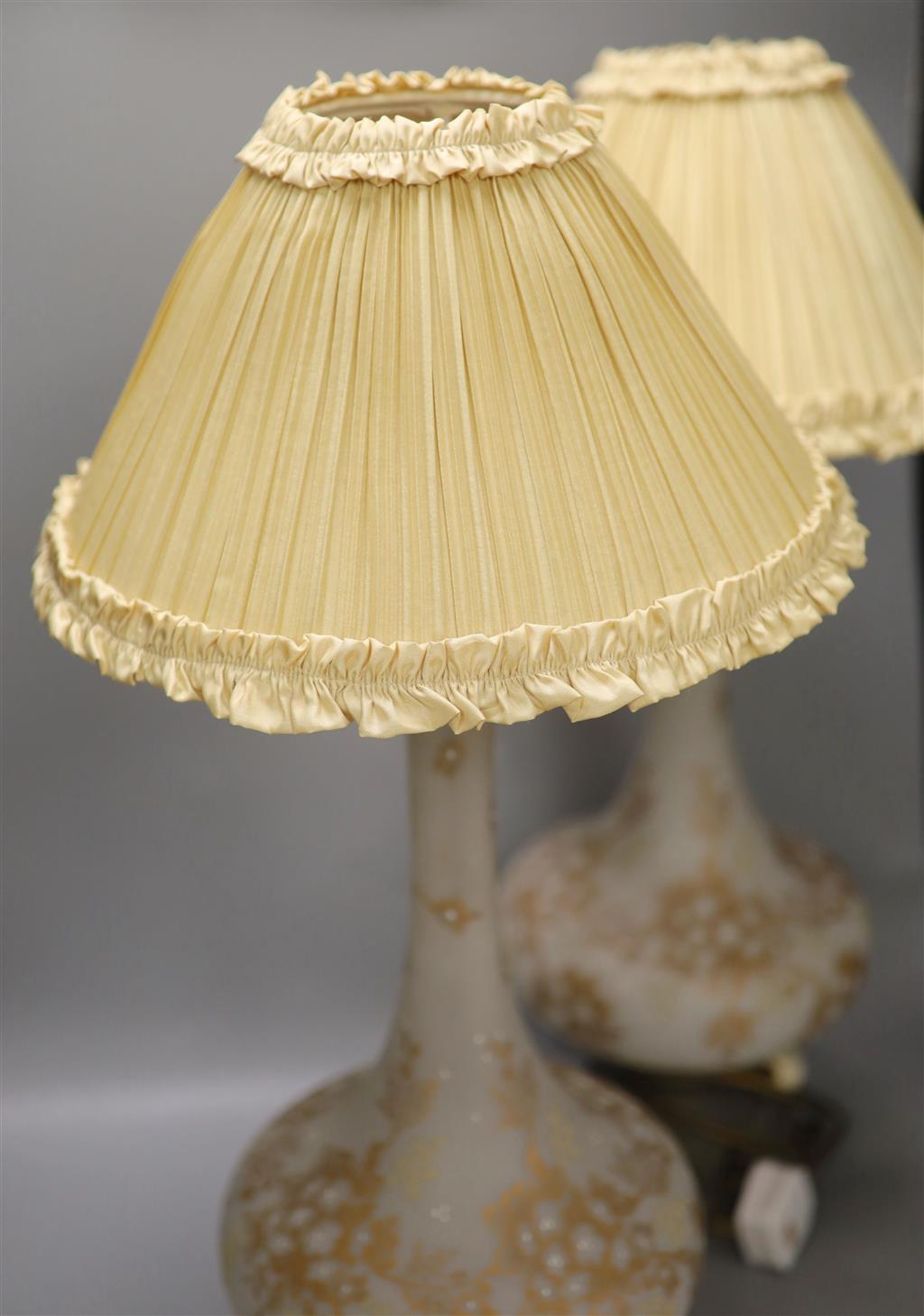 A pair of 19th century French gilt floral decorated frosted glass vases, fitted as table lamps, height 48cm